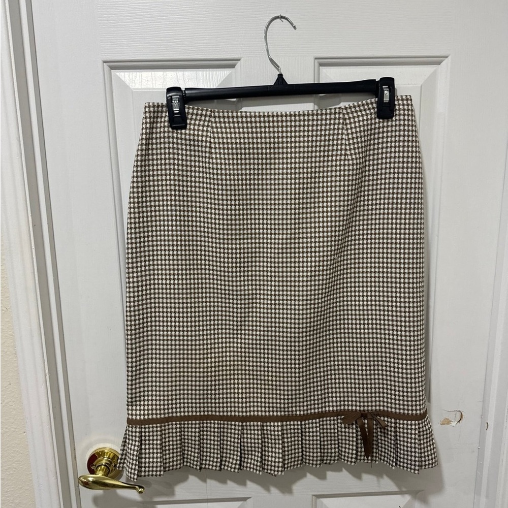 Chic Brown Checkered Pencil Skirt with Ruffle Hem